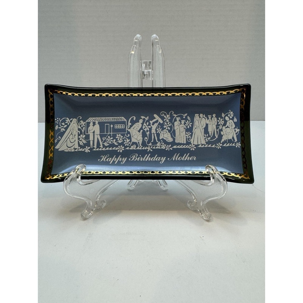 Houze Glass Corporation Glass Tray Happy Birthday Mother Blue Gold trinket tray